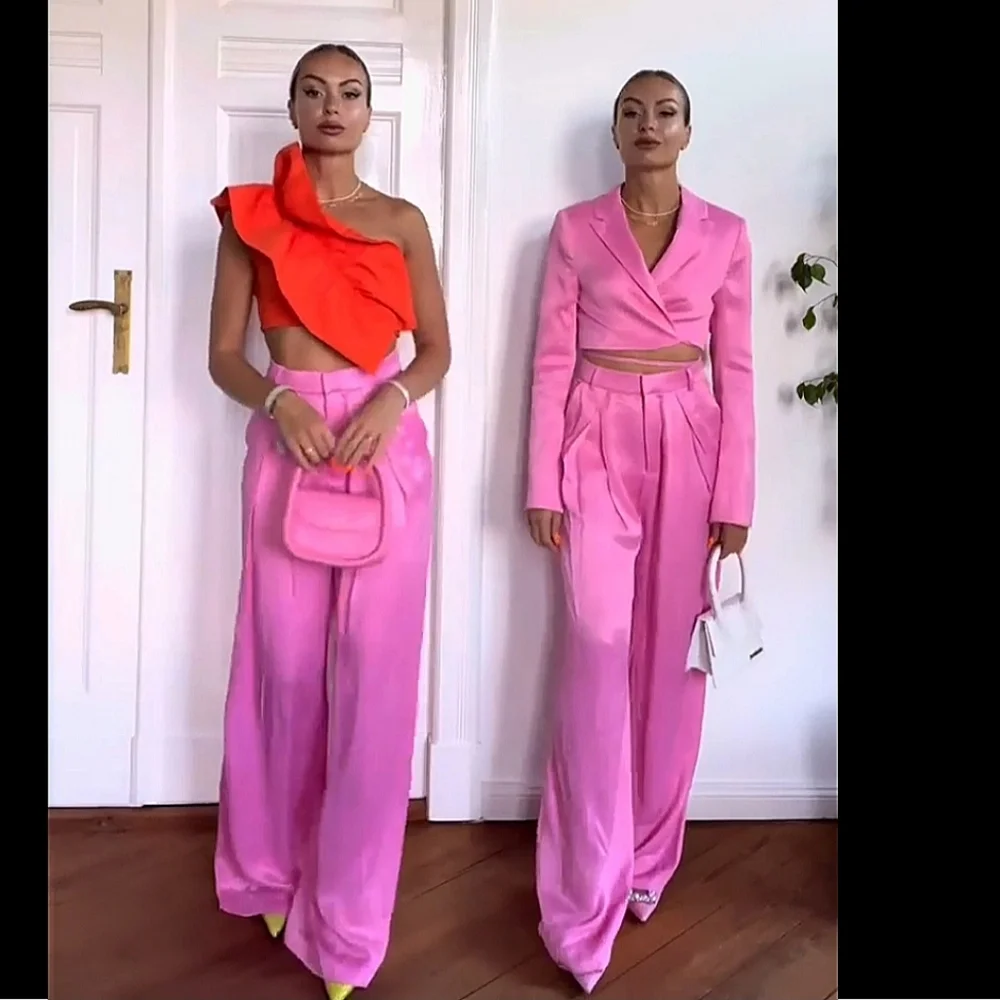 Zara 2pc Matching Set  * Satin Cropped Blazer and Wide Pants Pink Size S
